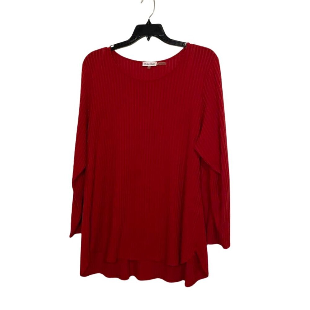 Calvin Klein Plus Size 2X Red Ribbed Tunic Top Long Sleeve Logo Blouse